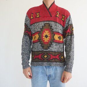 Major Pop Red Cotton Knit Southwestern Shawl Collar Sweater Retro 80s/90s Large